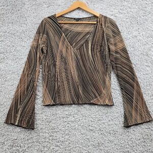 Vintage Arden B Shirt Womens Large Brown Flare Sleeves‎ V-Neck Boho Stretch Y2K